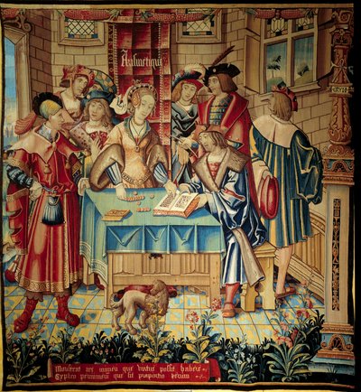Gardin som illustrerer liberal arts: Aritmetikk. Ull- og silketeppe laget rundt 1520 i Tournai. Søn 3,1x2,9 m Paris, middelalderens nasjonalmuseum, Thermes de Cluny av Belgian School