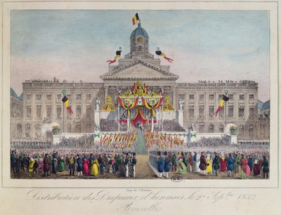 Utdeling av æresflagg i Brussel 27. september 1832, 1832 (fargegravering) av Belgian School