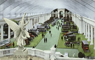 Postkort som viser motorkjøretøyer i den britiske delen av Exposition Universelle i Brussel i 1910 av Belgian School
