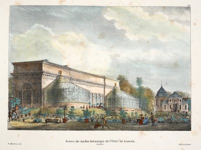 Drivhusene i den botaniske hagen ved Univ of Louvain, ca. 1895 (fotokrom) av Belgian School