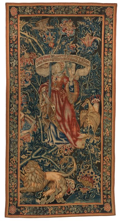 Tapestry, Sibylla Europa (ett av sett med seks sibyller bestående av 46.134 til 45.139) kalt 'The Rothamsted Tapestries'. Laget i Flandern, Tournai eller Brussel, Belgia, ca. 1530 (ull) av Belgian School