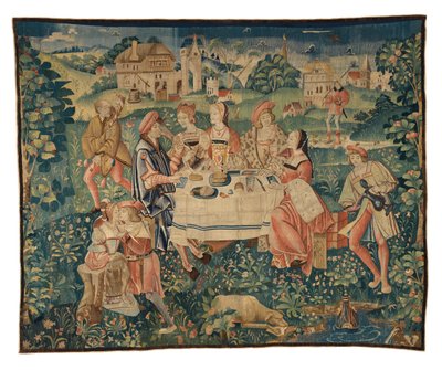 Tapet som viser bankett i friluft, eller et utendørs måltid i kjærlighetens hage, fra Tournai, ca. 1510 (ull og silke) av Belgian School