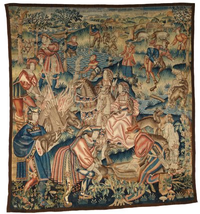 Tapet som skildrer scener etter en villsvinjakt, fiske osv. eller 'Apres la Chasse', muligens fra Tournai av Belgian School