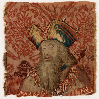 Tapetpanel som viser hodet til en prest eller konge, laget muligens i Tournai, Belgia, muligens tidlig på 1500-tallet (ull) av Belgian School