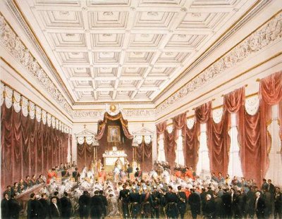 Ekteskapet til Maximilian av Hapsburg-Lorraine (1832-67) erkehertug av Østerrike og Charlotte Saxe-Cobourg-Gotha (1840-1927) prinsesse av Belgia, på Chateau de Bruxelles 21. juli 1857 (farge litho) av Belgian School