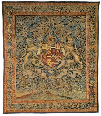 Verdure billedvev med armene til Robert Dudley, jarl av Leicester (en av et par med 47,1), laget i Flandern, Belgia, rundt 1570-85 (ull og silke) av Belgian School