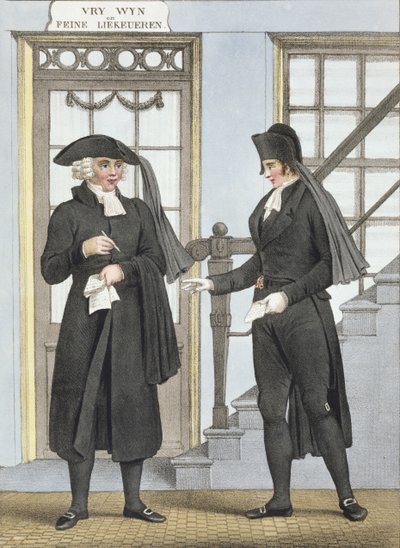 Begravelsestjenestemenn i Amsterdam, illustrasjon fra 'Kostumersamlinger fra de nordlige provinsene i kongeriket Nederland ...' gravert av Villeneuve, 1828 av Bendrik Greeven