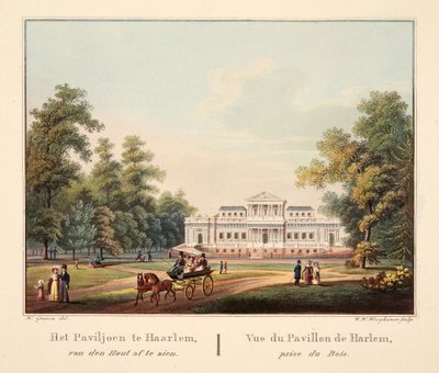 Paviljongen i Jaarlem, sett fra van den Hout. Vue du Pavillon de Harlem, prize du Bois, 1825 (håndfarget gravering) av Bendrik Greeven