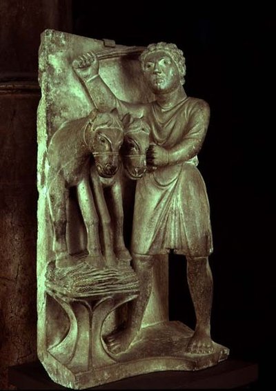 Tresking av hvete: juli fra en statuær kalender for månedenes arbeid, ca. 1200 (stein) av Benedetto Antelami