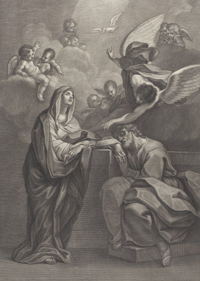 Plate 6: St. Josefs drøm, med Jomfru Maria til venstre og en engel over som peker ..., 1777 av Benedetto Eredi