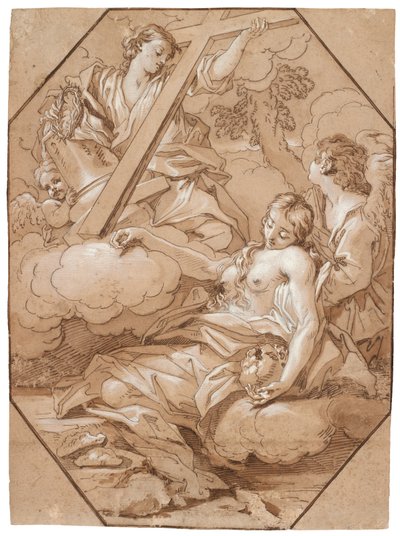 The Ecstasy of Saint Mary Magdalene, ca. 1715-19 (penn og blekk med brun vask, forsterket med hvit, med åttekantede innrammingslinjer av brunt blekk på lagt papir) av Benedetto Luti