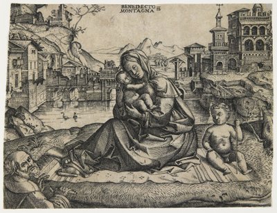 Den hellige familie med spedbarnet Saint John i et landskap, ca. 1506-1512 av Benedetto Montagna