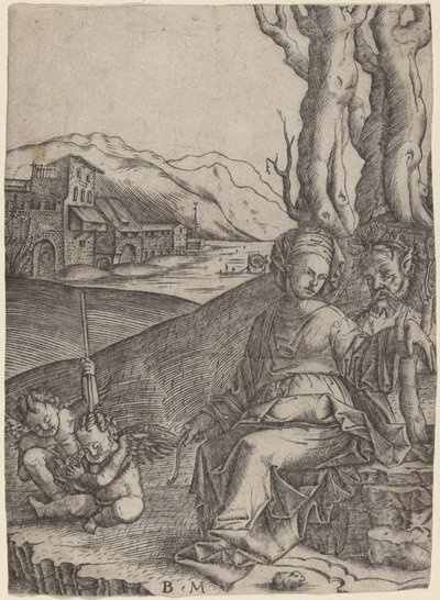 Kvinne og Satyr med to amoriner av Benedetto Montagna