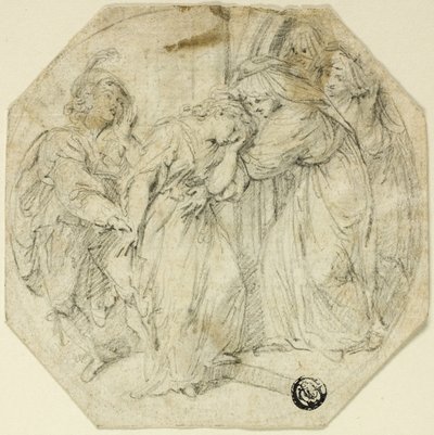 Svimende kvinne ved døren til et nonnekloster, støttet av nonne og ung mann av Benedetto Pastorini