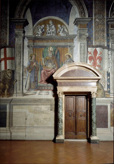 Saint Zanobius, Saint Lawrence og Saint Stephen (Hall of Lilies) (fresco av Benedetto da Maiano