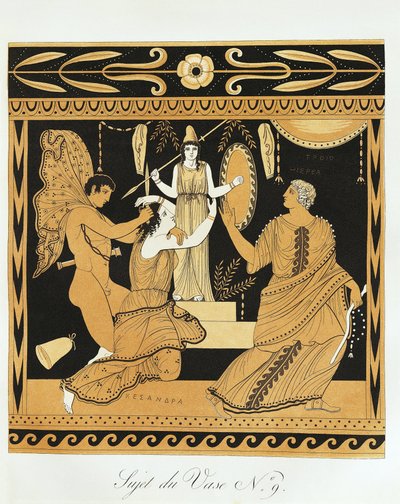 Ajax The Lesser fornærmer Cassandra ved foten av Athenas statue (trykk) av Benedict or Benedikt Piringer
