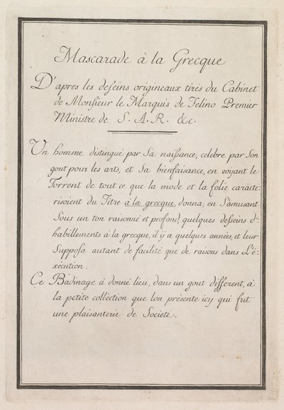 Gresk maskerade: Tittelplate 1, 1771. av Benigno Bossi