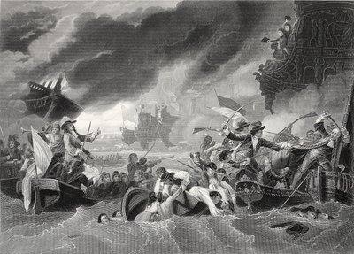 Slaget ved La Hogue, gravert av W. French (litho) av Benjamin (after) West