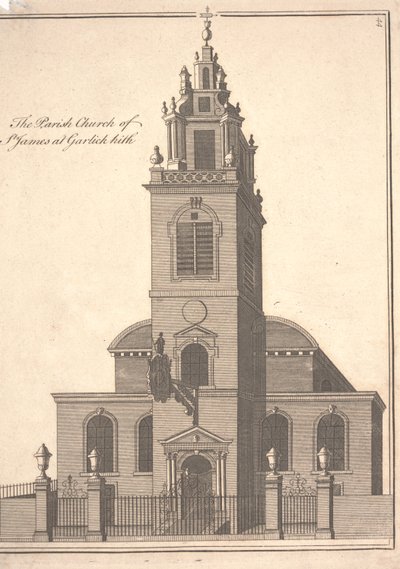 Parish Church of St. James Garlickhythe, ca. 1750 (gravering) av Benjamin Cole