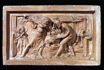 Menn som jobber ved en ambolt, plakett (terrakotta) av Benjamin Creswick