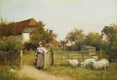 Ung jente med sauer, ved en hytte av Benjamin D. Sigmund