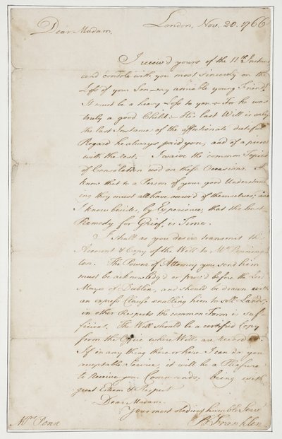 Autografbrev til Mrs. Ann Penn, London, 20. november 1766 (penn og blekk på papir) av Benjamin Franklin