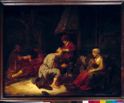 Operasjonen har en forstørrelsesglasskirurg som opererer en av pasientene sine i hodet. Maleri av Benjamin Gerritsz Cuyp av Benjamin Gerritsz. Cuyp