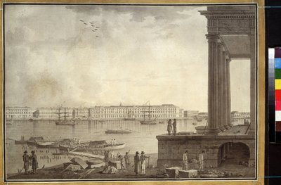 Utsikt over vinterpalasset og børsen i St. Petersburg. Verk av Benjamin Paterssen (1748-1815), blyant og blekk på papir, ca. 1790. Svensk kunst av Benjamin Patersson