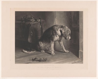 Hund venter ved en dør Spenning (tittel på objekt) av Benjamin Phelps Gibbon
