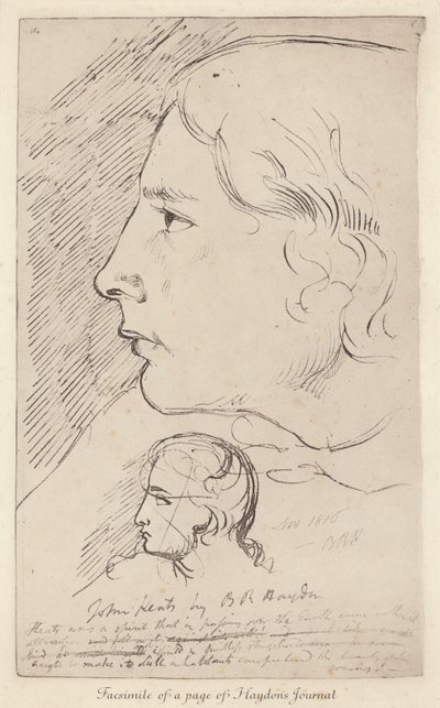 Skisse av den engelske poeten John Keats fra tidsskriftet til den engelske kunstneren Benjamin Haydon (litho) av Benjamin Robert (after) Haydon