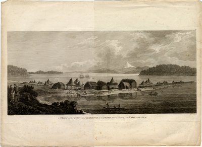 Utsikt over byen og havnen i Petropavlovsk-Kamchatsky fra reisen til Stillehavet, 1785 av Benjamin Thomas Pouncey