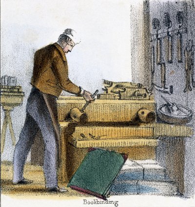 The Bookbinder, fra Gutten, kua og kalven i grafiske illustrasjoner av dyr - viser deres nytte for mennesket i deres ansettelse under livet og bruken etter døden, ca. 1845 av Benjamin Waterhouse Hawkins