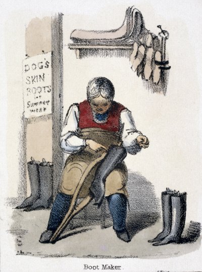 The Boot Maker, fra The Dog in Graphic Illustrations of Animals – Viser deres nytte for mennesker i deres ansettelse under livet og bruken etter døden, ca. 1845 av Benjamin Waterhouse Hawkins