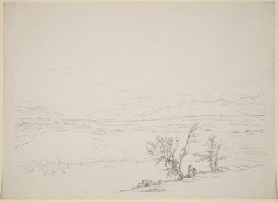 Et alpint landskap med et par sittende ved trær med utsikt over en dal av Benjamin West