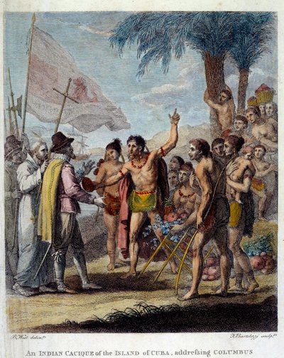 En indisk Cacique fra øya Cuba ønsker Christopher Columbus (1451-1506) og europeiske militære og kirkelige representanter velkommen for å diskutere opprettelsen av en ny stat. Frontispice av "Sivil og kommersiell historie til de britiske koloniene i W av Benjamin West