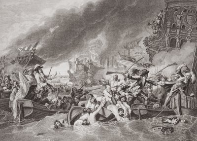 Slaget ved La Hogue, ødeleggelse av den franske flåten, 22. mai 1692, fra `Illustrasjoner av engelsk og skotsk historie