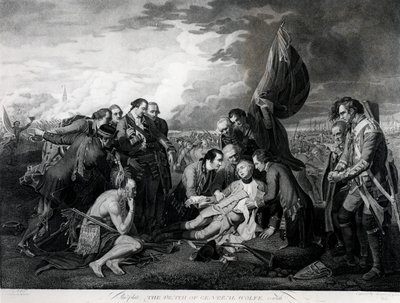The Death of General Wolfe (1727-59) 1759, gravert av Augustin Legrand (gravering) (bundw-foto) (se også 105409, 124902 og 153197) av Benjamin West