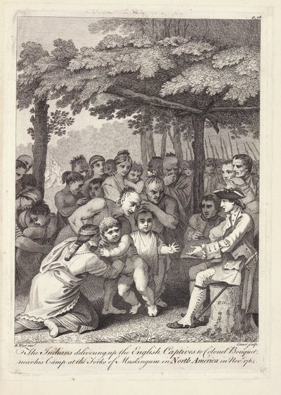 Indianerne leverte de engelske fangene til oberst Bouquet nær leiren hans ved Forks of Muskingham i Nord-Amerika i november 1764 av Benjamin West