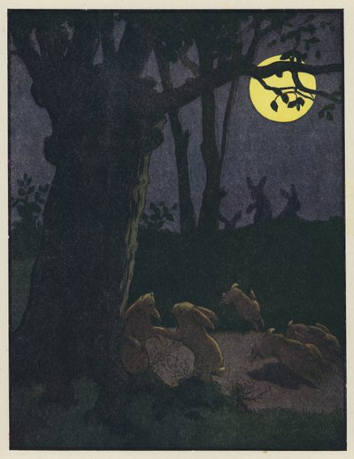 Kaniner under et tre på en måneskinn natt av Benjamin Rabier