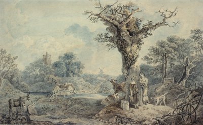 Landskap med figurer og storfe av Benjamin attr. to Barker