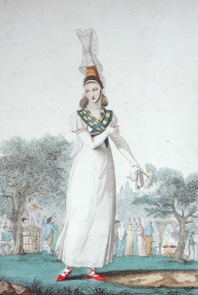 En Cauchoise i tradisjonell drakt for festdager, gravert av Gatine ca. 1830 (farge litho) av Benoit (after) Pecheux