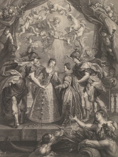 Plate 17: Utvekslingen av de to prinsessene i Hendaye, allegorisk scene med Anne av..., 1707-10 av Benoit Audran I