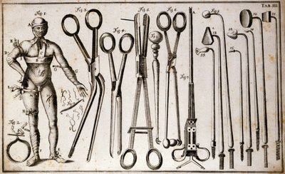 Ulike typer tang og kirurgiske instrumenter. En mann som har på seg forskjellige typer turneringer og bandasjer. Operationsplate illustrert av Benoist Louis Prevost (1735-1809). 18. århundre av Benoit Louis Prevost