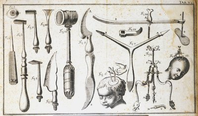 Kirurgisk bord som representerer ulike typer kirurgiske instrumenter, hammer, kamskjell, kniver, for fjerning av hjernen. Gravering av Benoit Louis Prevost (1735-1809) 1700-tallet av Benoit Louis Prevost