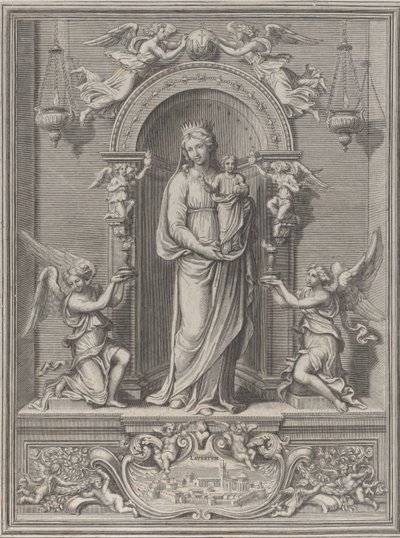 Madonna av Loreto, innenfor en nisje med en engel på hver side, 1650-1724. av Benoît Farjat