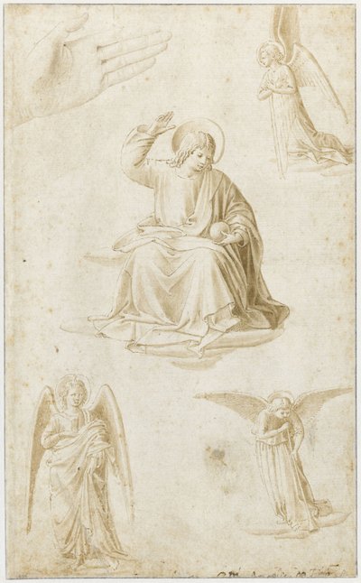 Studier av en hånd, tre engler og Kristus som Salvator Mundi, andre halvdel av 1400-tallet av Benozzo Gozzoli