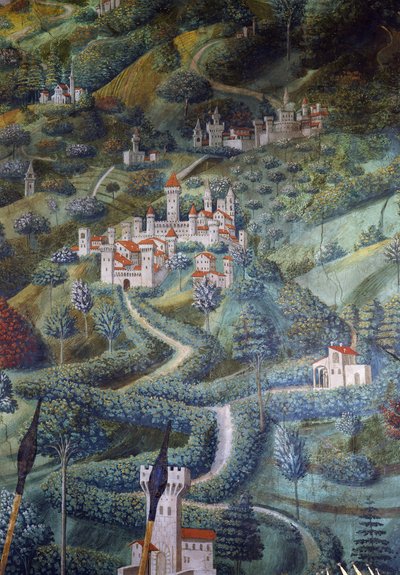 Slott, landskapsdetalj fra Procession of Magi av Benozzo di Lese di Sandro Gozzoli