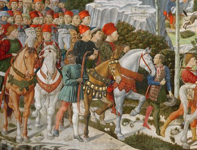 Galeazzo Maria Sforza, hertug av Milano (1444-76), ytterst til venstre, på en brun hest og Sigismondo Pandolfo Malatesta, hersker over Rimini (1417-68) ved siden av ham på en grå hest, detalj fra Journey of the M av Benozzo di Lese di Sandro Gozzoli