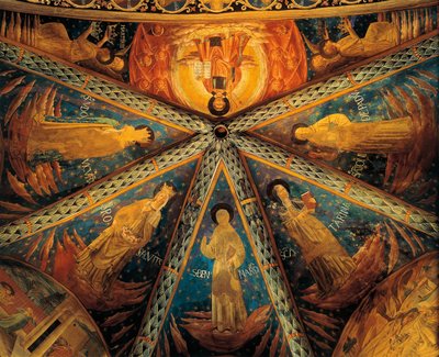 Italia, Montefalco, Apsis-hvelvet fra Saint Francis-kirken malt med helgener av Benozzo di Lese di Sandro Gozzoli