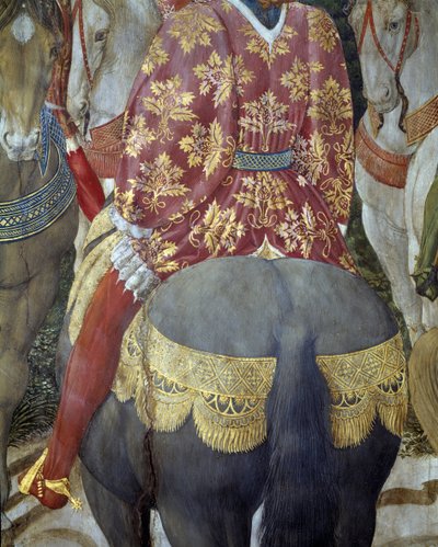 Ridder på hesteryggen i overflod tiltrekker seg, detaljer fra tilbedelsen av magi (Fresco av Benozzo di Lese di Sandro Gozzoli
